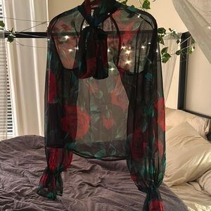 {AKIRA} sheer rose blouse with pussycat scarf and ballon sleeves